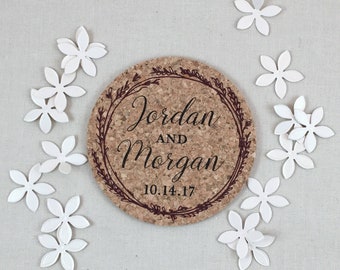 Burgundy Wreath Personalized Cork Coaster Wedding Favors for Guests