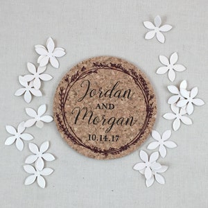 Burgundy Wreath Personalized Cork Coaster Wedding Favors for Guests image 1