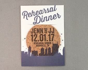 Dusty Blue Nashville Skyline Rehearsal Dinner Cork Coaster Invitation // Nashville Rehearsal Dinner Invite