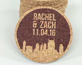 Nashville Skyline Wedding Cork Coaster Favors Personalized with Names and Wedding Date // Wedding Reception Cork Coaster Favor