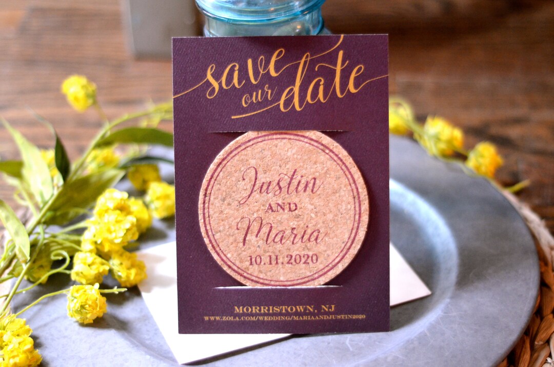Personalized Wedding Save the Date Burgundy and Gold Cork Etsy