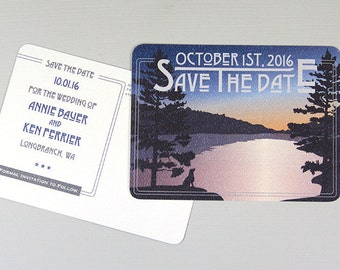 River Landscape at Sunset with Dog Wedding Save the Date Postcard Announcement