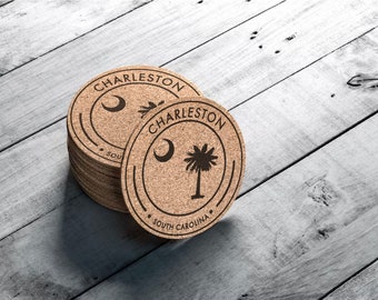 Charleston Palmetto Coasters, Wedding Favor for Guests, Cork Coasters Gift Set, Charleston SC Coasters, Charleston Cork Coaster