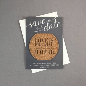 Love is Brewing Grey and White Cork Coaster Save the Dates with A7 Envelopes // Brewery Wedding Save the Date