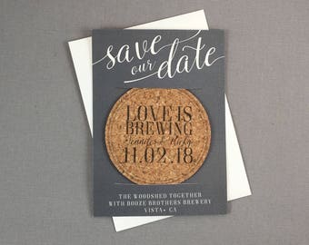 Love is Brewing Grey and White Cork Coaster Save the Dates with A7 Envelopes // Brewery Wedding Save the Date