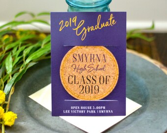 2022 Graduation Party Invitations & Announcement Purple and Gold // Photo Card Cork Coaster Save the Date with Envelopes- Graduation Favors