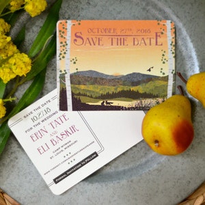 Fall Appalachian Mountains with Birch Trees at Sunset with Fox // Rustic Mountain Wedding Save the Date Postcards