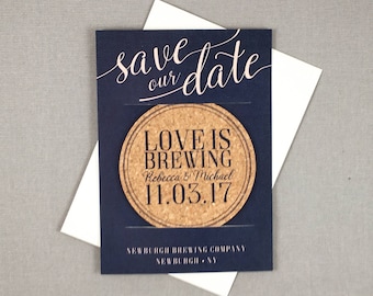 Love is Brewing Cork Coaster Save the Dates and A7 Envelope, Brewery Wedding Save the Dates Personalized Coaster Wedding Coaster