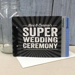 Super Wedding Ceremony Comic Book Superhero 3pg Livret Booklet Wedding Invitation // Black Gray and Dusty Blue Wedding Invite