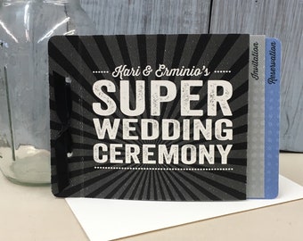 Super Wedding Ceremony Comic Book Superhero 3pg Livret Booklet Wedding Invitation // Black Gray and Dusty Blue Wedding Invite