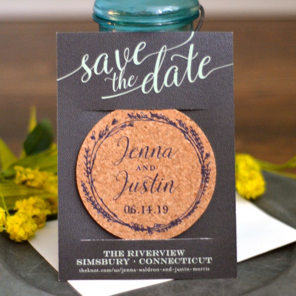 Gray and Mint Green Whimsical Wreath Cork Coaster Save the Dates // Engagement photo modern script drink coaster save the date with Envelope