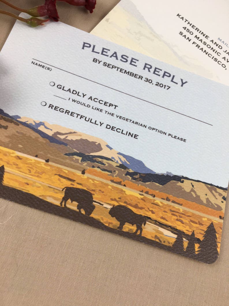 Yellowstone Wyoming Lamar Valley with Buffalo 5x7 Wedding Invitation with RSVP Postcard includes A7 Envelopes Wedding Invite image 5
