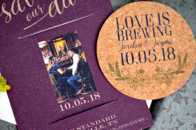 Save the Date Coaster, Love is Brewing Cork Coasters, Coaster Invitation, Brewery Wedding Decor, Beer Save the Date, Unique Save the Date image 5