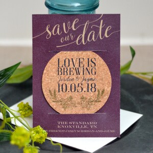 Save the Date Coaster, Love is Brewing Cork Coasters, Coaster Invitation, Brewery Wedding Decor, Beer Save the Date, Unique Save the Date image 6