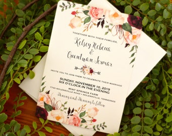 Vintage Burgundy and Rose Floral Illustration 5x7 Wedding Ceremony Invitation with Envelope