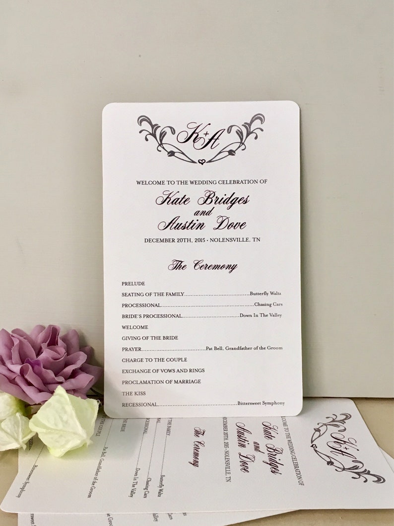 Elegant Script Monogram Flourish 5X8 Two Sided Wedding Ceremony Program Gray and Eggplant