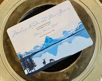 Glacier Valley Montana 5x7 Invitación de boda // Guardar la fecha // Invitaciones de eventos de paisaje de Montana con sobre