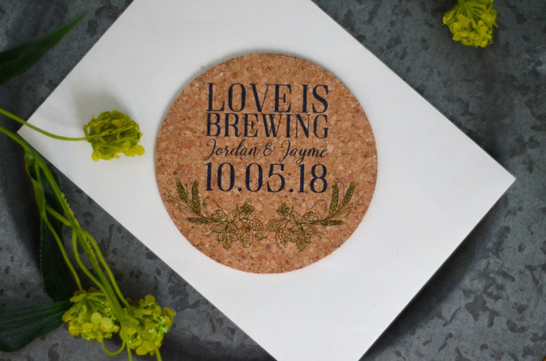Save the Date Coaster, Love is Brewing Cork Coasters, Coaster Invitation, Brewery Wedding Decor, Beer Save the Date, Unique Save the Date image 3
