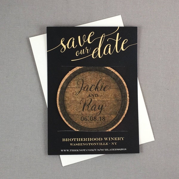 Vintage Wine Barrel Cork Coaster Save the Date with Photo and A7 Envelopes // Elegant Black and Gold Save the Date Wedding Favors for Guests