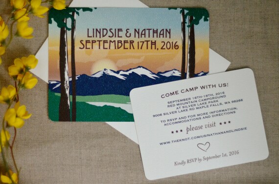 Rocky Mountain Brown and Navy Blue Deer Landscape with Sunset 5x7 Wedding Rehearsal Invitation with Envelope BP1