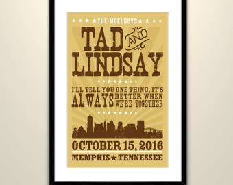Concert Poster Print with Memphis Skyline Wedding or Anniversary 11x17 Poster Hatch Inspired -  personalized (frame not included)