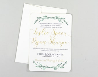 Elegant Gold Script with Greenery 5x7 Wedding Invitation with Envelopes // 5x7 Wedding Invitation with A7 Envelope