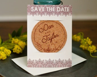 Burgundy Rustic Lace Design Cork Coaster Save the Date // Unique Save the Date