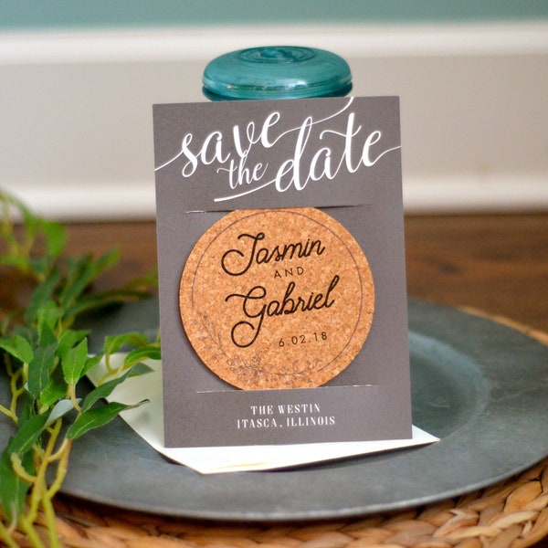 Save the Date Handwritten Script Grey and White Cork Coaster Save the Dates with A7 Envelopes // Wedding Save the Date