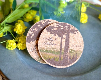 Cypress Tree Landscape Personalized Cork Coaster Wedding Favors for Guests // Wedding Reception Favors