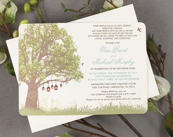 Oak Tree with Lanterns and Wildflowers 5x7 Wedding Invitation with Envelopes