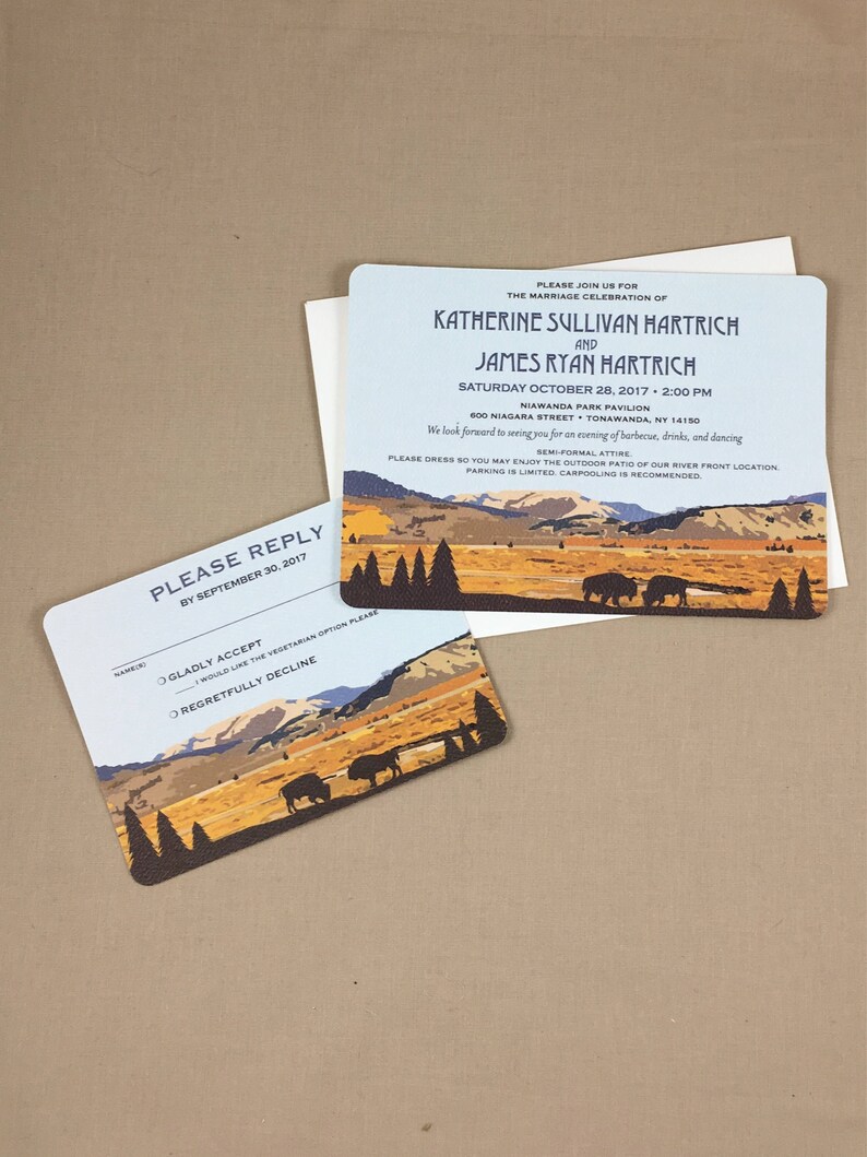 Yellowstone Wyoming Lamar Valley with Buffalo 5x7 Wedding Invitation with RSVP Postcard includes A7 Envelopes Wedding Invite image 2