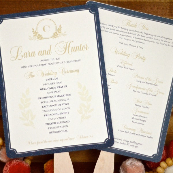 Classic Navy Blue and Gold Ivy Leaf with Circle Initial Wedding Program Fans/ Wedding Ceremony Program Fans/ Wedding Program Card Fans