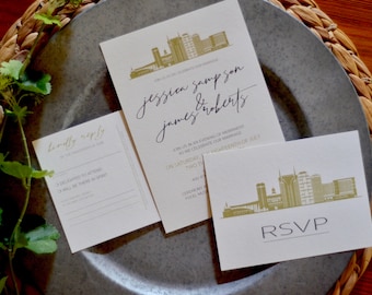 Nashville Skyline Chartreuse 5x7 Wedding Invitation with RSVP Postcard