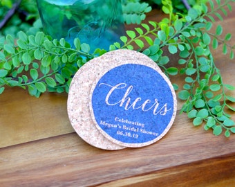 Cheers Navy Cork Coaster Wedding Favors // Bridal Shower favor Personalized with Names and Wedding Date // Wedding Favors for Guests