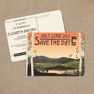 Fall Appalachian Mountains at Sunset with Birch Trees Save the Date Postcards // Fall Wedding Save the Date Postcards