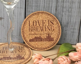 Detroit Love is Brewing Skyline Cork Coaster, Michigan Wedding Favors, Cork Coaster Favors, Detroit Wedding Favor, Michigan Wedding