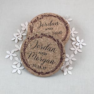 Burgundy Wreath Personalized Cork Coaster Wedding Favors for Guests image 2