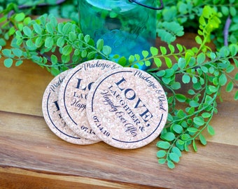 Love Laughter and Happily Ever After Navy Blue Personalized Cork Coaster Wedding Favors for Guests, Party and Reception Favors