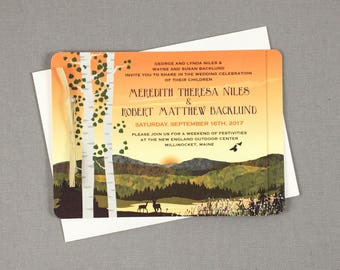 Fall Appalachian Mountains Wedding Invitation - Sunset with Wildflowers 2pg Booklet Wedding Invitation with Tear-off RSVP Postcard