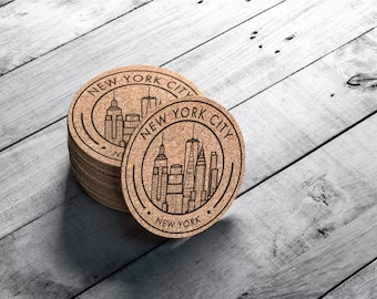 New York City Coasters, Wedding Favor for Guests, New York City Gift, New York State Coaster, Big Apple Skyline, Drink Cork Coaster Set