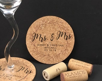 Couple Script Pink Wreath Cork Coaster Wedding Favors for Guests