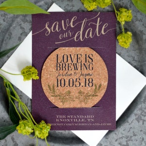 Save the Date Coaster, Love is Brewing Cork Coasters, Coaster Invitation, Brewery Wedding Decor, Beer Save the Date, Unique Save the Date image 1