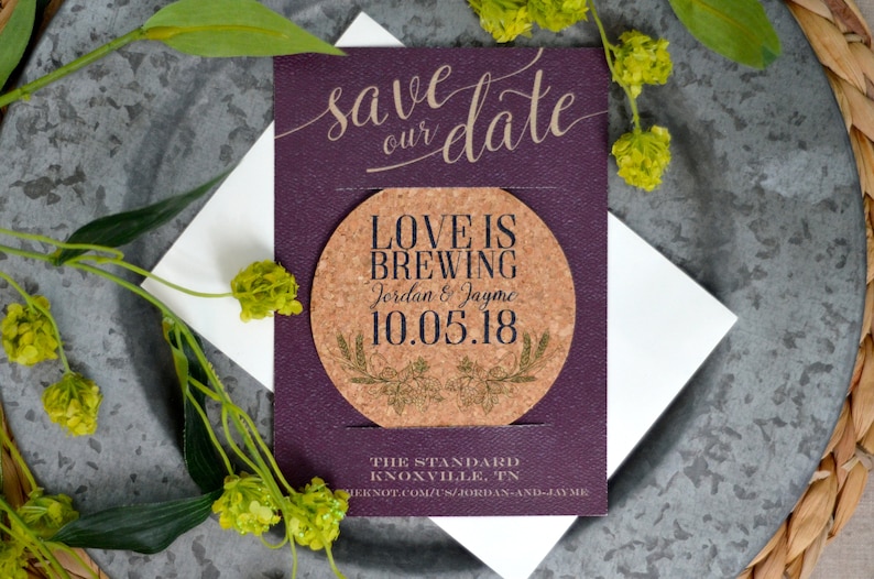 Save the Date Coaster, Love is Brewing Cork Coasters, Coaster Invitation, Brewery Wedding Decor, Beer Save the Date, Unique Save the Date image 1