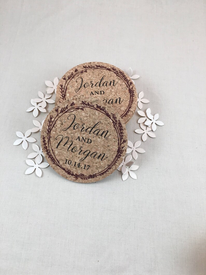 Burgundy Wreath Personalized Cork Coaster Wedding Favors for Guests image 3