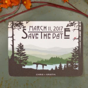 Appalachian Rolling Hills with Couple Carrying a Canoe on the Lake Save The Date Postcard // Mountain Wedding Save the Date