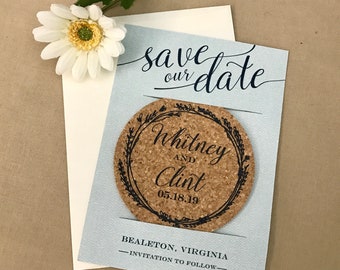 Light Blue and Navy Whimsical Wreath Cork Coaster Save the Dates // Engagement photo modern script drink coaster save the date