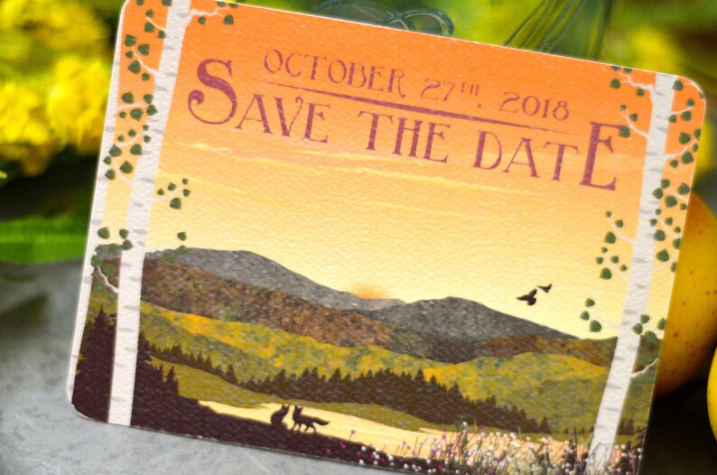 Fall Appalachian Mountains with Birch Trees at Sunset with Fox Rustic Mountain Wedding Save the Date Postcards