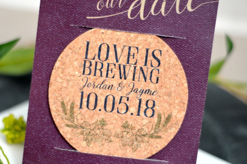 Save the Date Coaster, Love is Brewing Cork Coasters, Coaster Invitation, Brewery Wedding Decor, Beer Save the Date, Unique Save the Date image 7