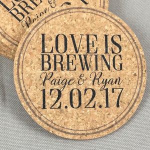 Love is Brewing Coasters, Wedding Favor for Guests, Personalized Cork Coasters, Bridal Shower Coasters, Save the Date Coaster, Date Coasters