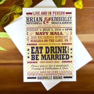May include: A wedding invitation with a vintage carnival theme. The invitation is yellow and red with black text. It says "Live and in person Brian & Kimberley are getting hitched" and "Eat Drink & Be Married".